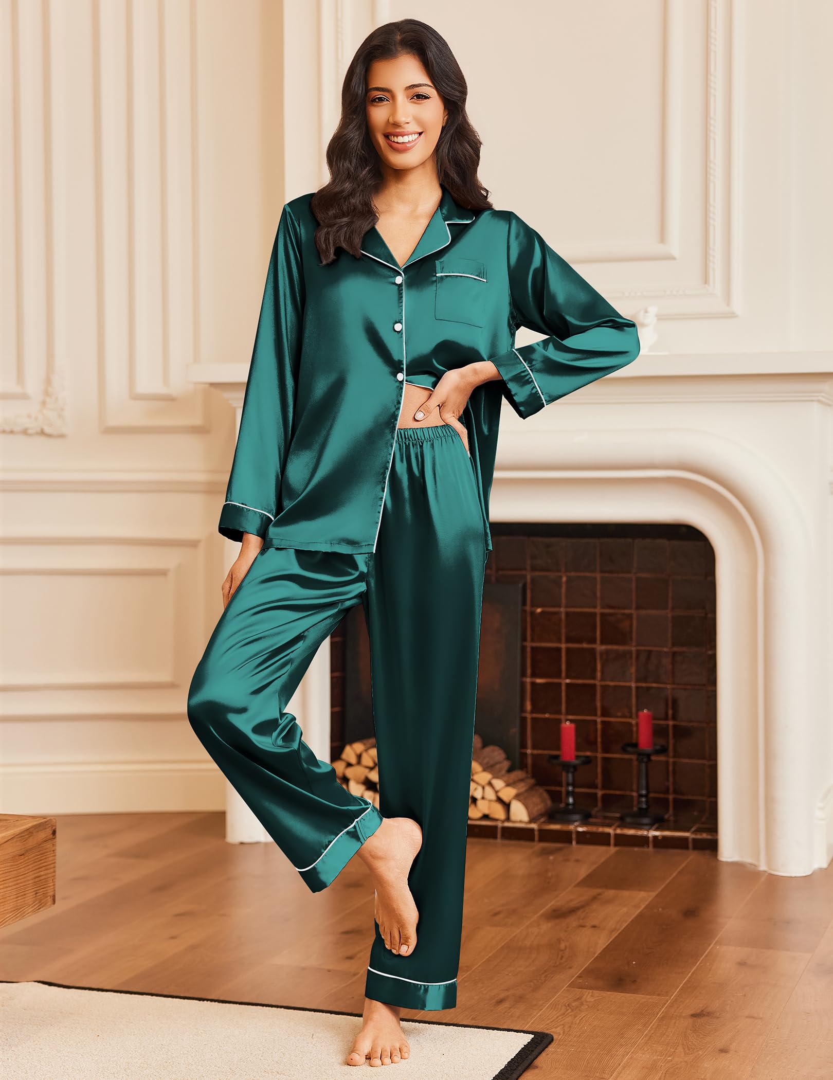 Ekouaer Pijamas a juego para parejas, de seda, de manga larga, de satén, suave, con botones, tallas S-XXL