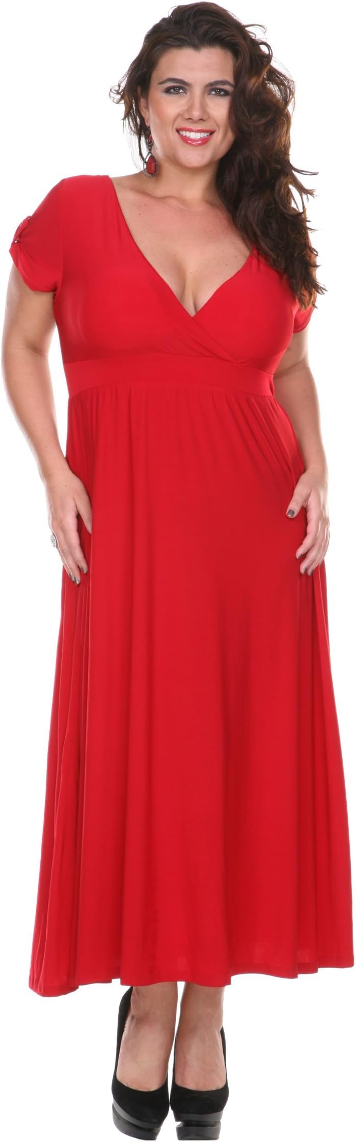 Stanzino Women's Plus Size V-Neck Elastic Waist Maxi Dress Red