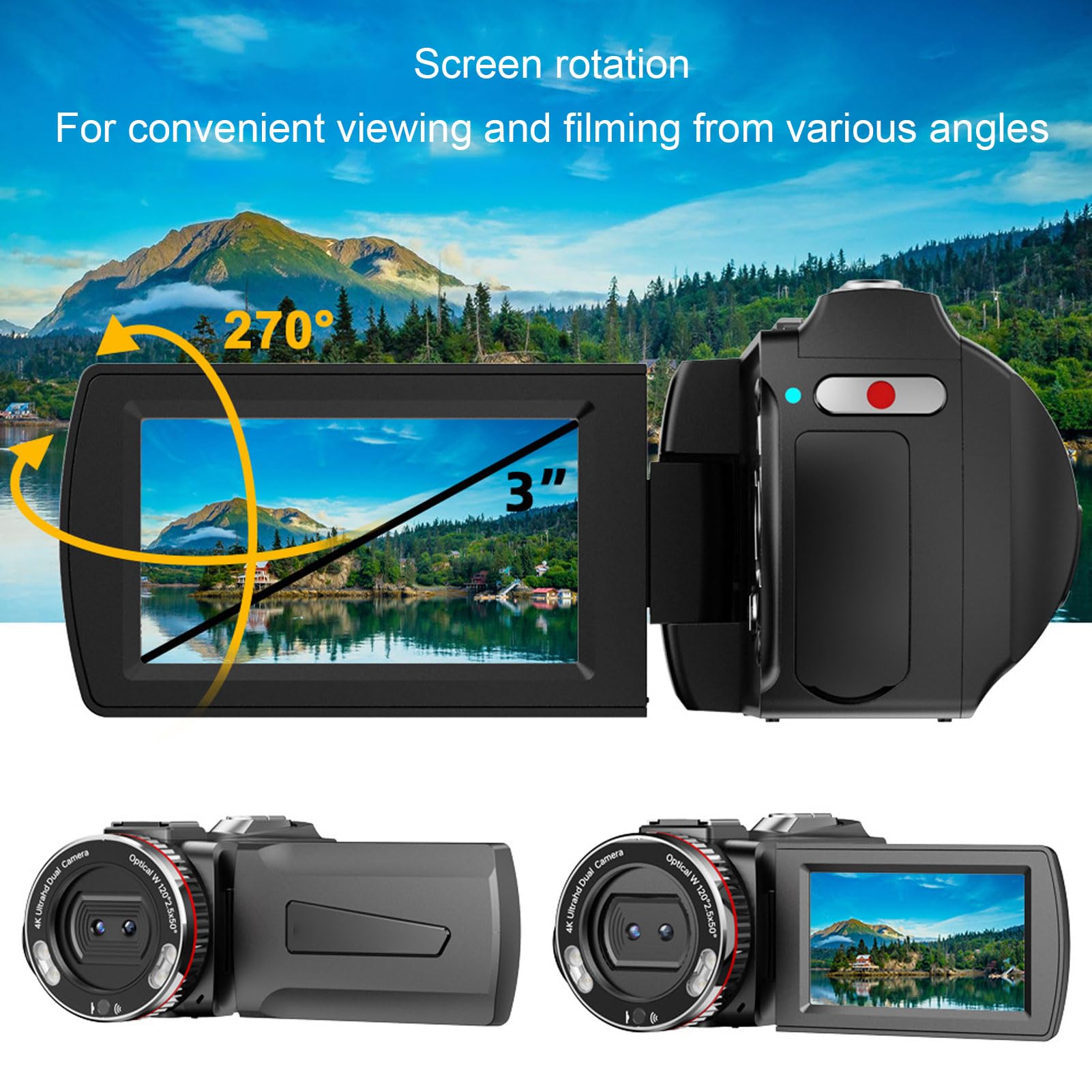Goshyda Videocámara con Cámara de Vídeo 6K, Videocámara Digital de Doble Lente de 64MP con Pantalla de Rotación de 3" y Micrófono Inalámbrico, Cámara de Vlogging para Viajes y