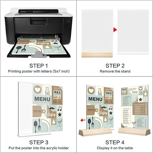Miniatura 6 de Soporte acrílico de 5 x 7 pulgadas, soporte para volante transparente en forma de T con base de madera, paquete de 6 marcos de fotos de doble cara,