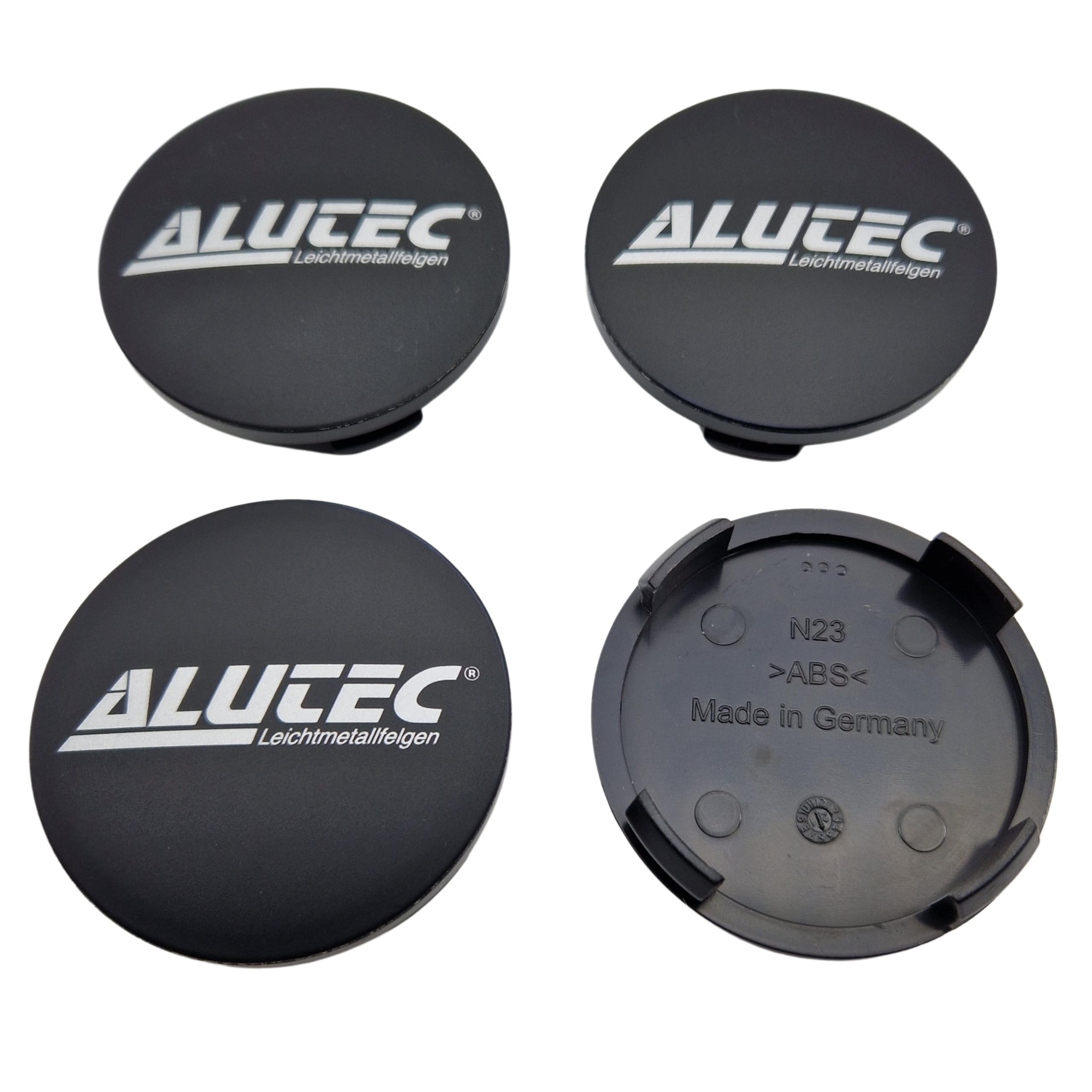 4X Alutec Nabendeckel 60mm Schwarz Matt (N23) Logo Silber (All) - Original Felgendeckel/Nabenkappe/Hubcap