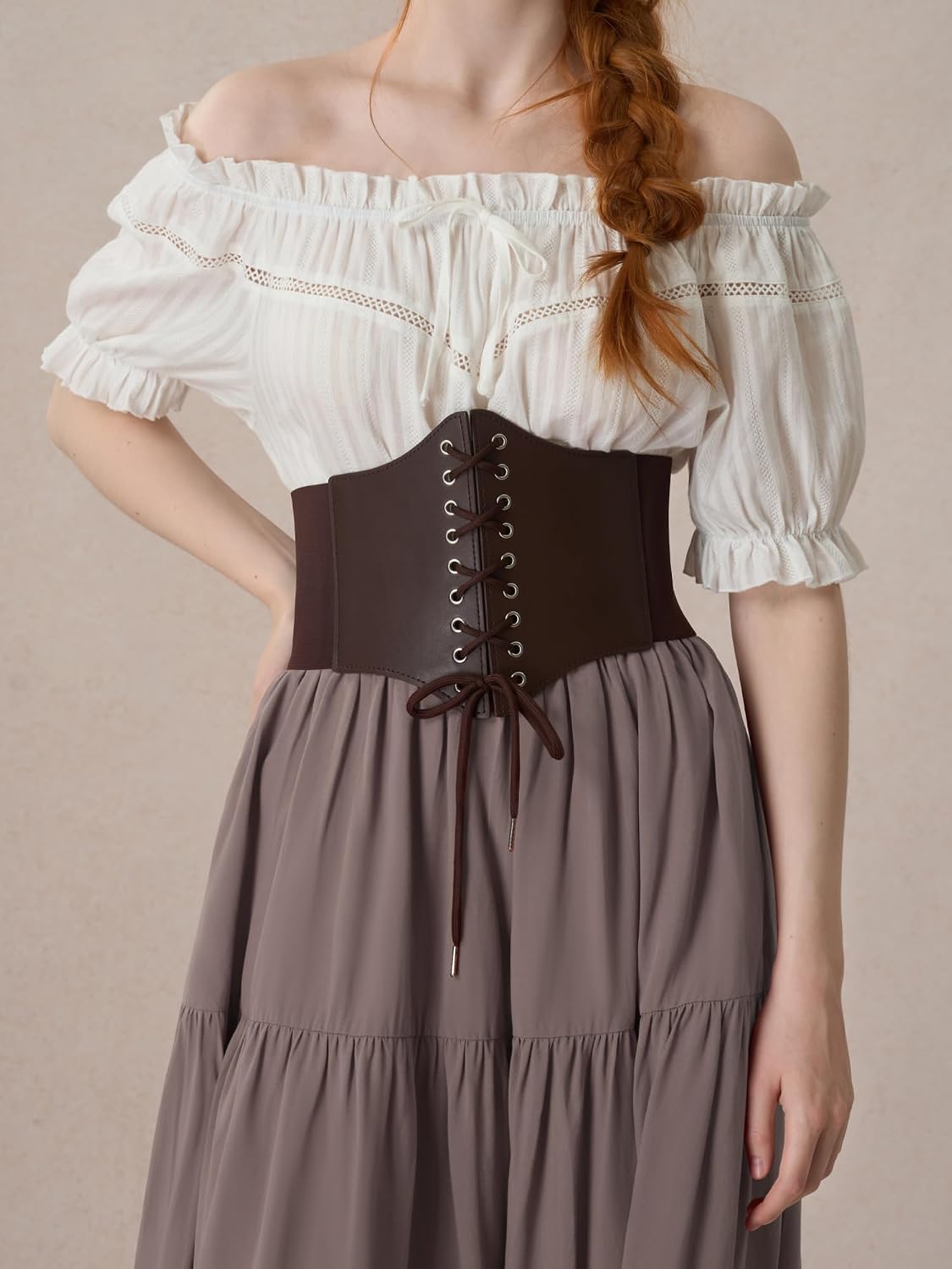 YESSA Womens Renaissance Flowy Skirt with Corset Belt,High Waist Ren Faire Medieval Skirt with Pocket,Pirate Costumes Outfit