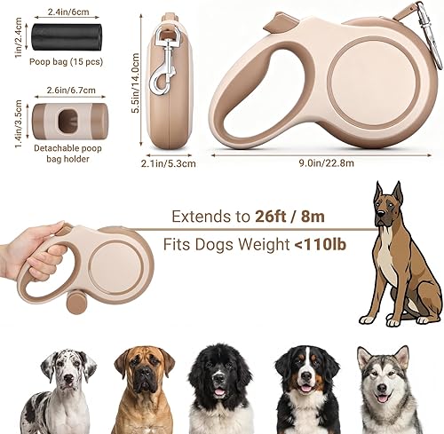 Miniatura 2 de Segarty Correa para caminar de 26 pies con soporte para bolsa de excrementos para mascotas de 66 libras a 110 libras, correa retráctil de 360° sin