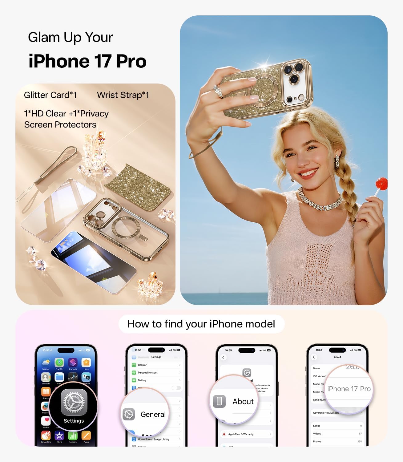 Meifigno Designed for iPhone 17 Pro Case 6.3", [Glitter Card & Wrist Strap][Compatible with MagSafe][1HD +1X Privacy Screen Protectors] Surround Raised Lens Protection for 17 Pro Case, Desert Titanium - Image 2