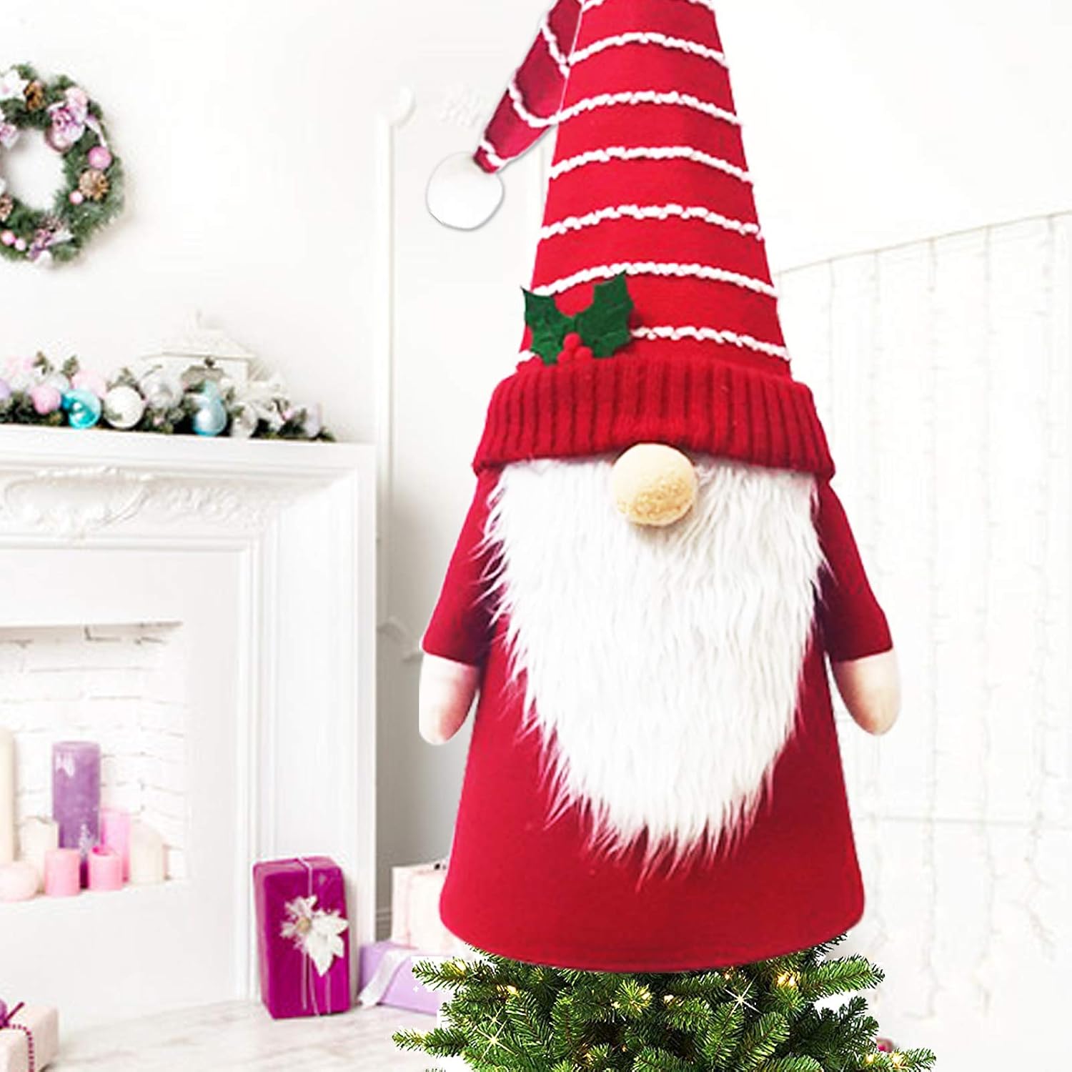 Gnome Christmas Tree Topper, 24.4 Inch Large Scandinavian Plush Ornaments Swedish Tomte Gnome Hanging Ornament Hat Santa Christmas Decoration Accessory Holiday Home Party Decor for New Year (1#, Red)