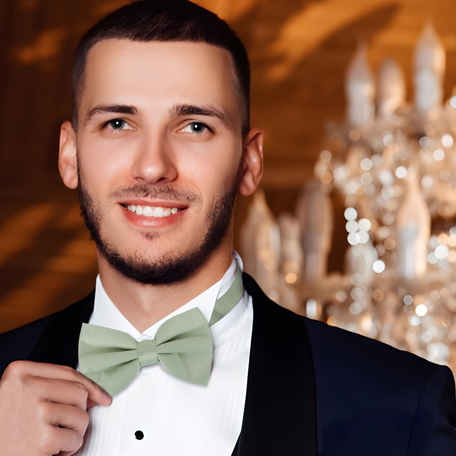 THKO Muszka męska z chusteczką, zestaw spinek do mankietów, z zielonego jedwabiu, elegancki zestaw męski z zieloną muszką jedwabną, jedwabistą zieloną chusteczką i stylowymi spinkami do mankietów