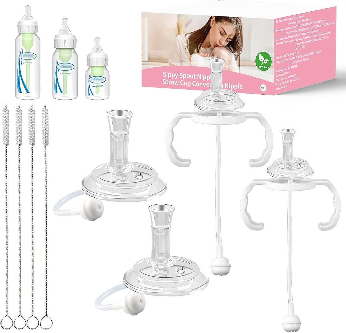Straw Cup Conversion Kit for Dr. Brown's Narrow and Narrow Glass Baby Bottles, Weighted Sippy Cup Transition Kit with Handles for Kids, [Variable Flow] [Spill-Proof] [BPA-Free], 6m+