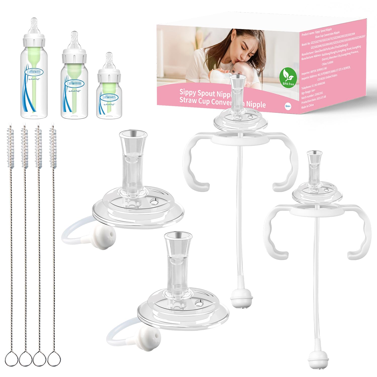 Straw Cup Conversion Kit for Dr. Brown's Narrow and Narrow Glass Baby Bottles, Weighted Sippy Cup Transition Kit with Handles for Kids, [Variable Flow] [Spill-Proof] [BPA-Free], 6m+