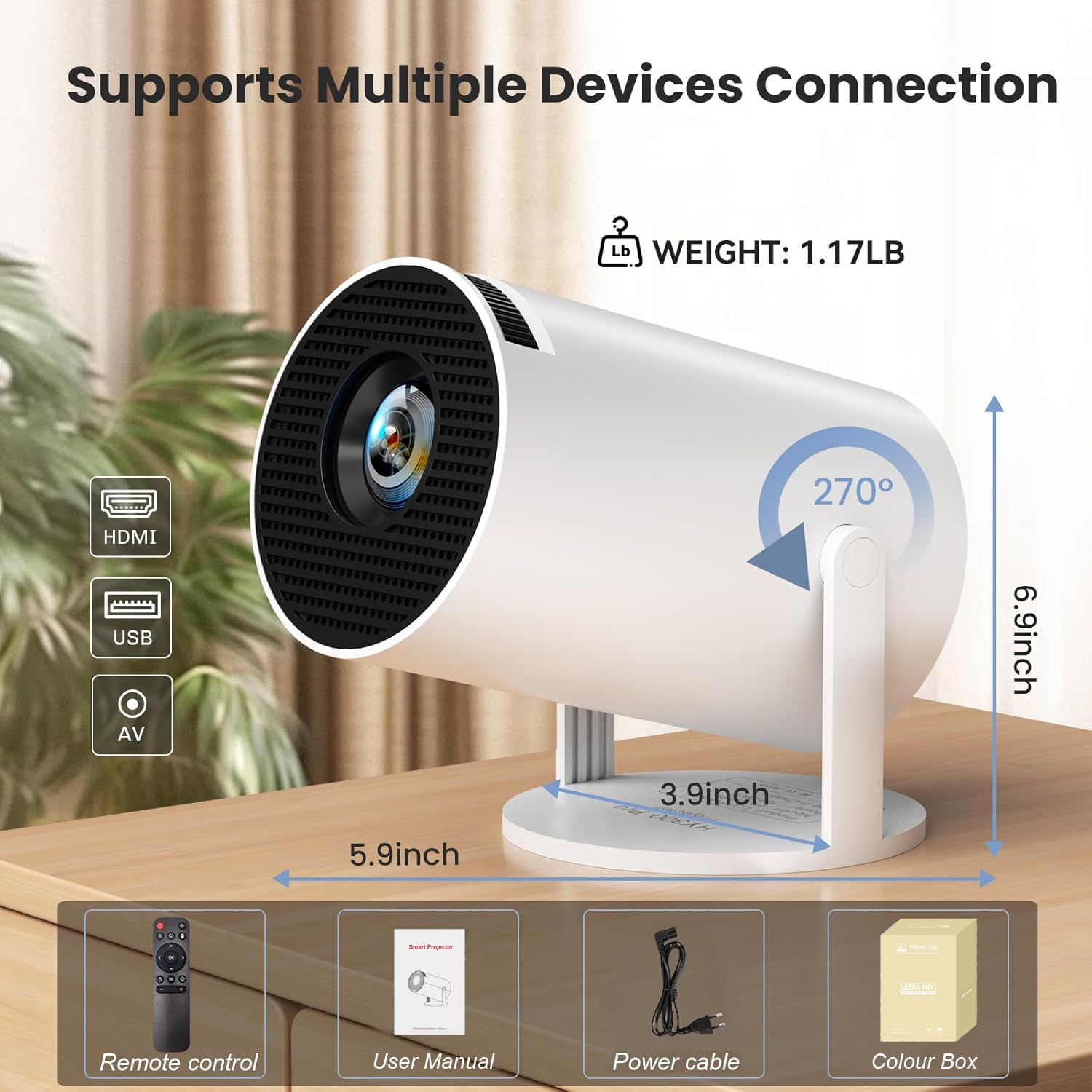 Tragbarer Beamer 4K, 1080P FHD Mini Beamer, kompatibel mit Android und Netflix, WiFi 6, BT 5.0, 180°-Drehung, Projektor mit automatischer Trapezkorrektur.