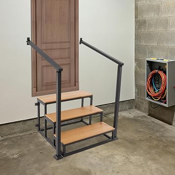 Undercat Garage Steps, 3-Steps Stair with Handrail, Prefab Stairs for Permanent Installation, Hot Tub Stairs, 440LBS Capacity, Prefab Outdoor Wood Ladder for Home, Porch Steps