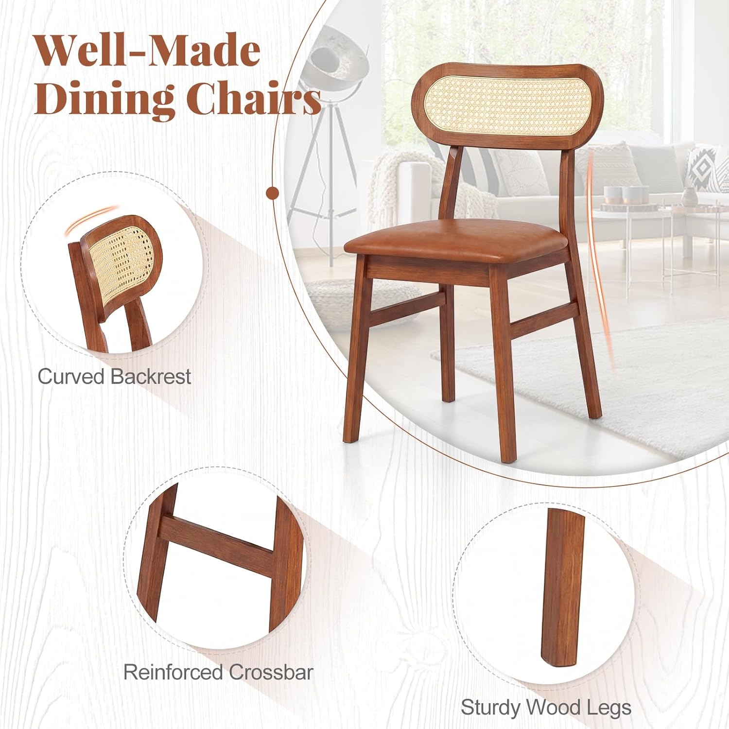 GOFLAME Wooden Dining Chairs Set of 4, Mid-Century Modern Kitchen Chairs with Upholstered Seat & Rattan Backrest, Faux Leather Cover, Armless Side Chairs for Kitchen, Dining Room, Restaurant, Espresso