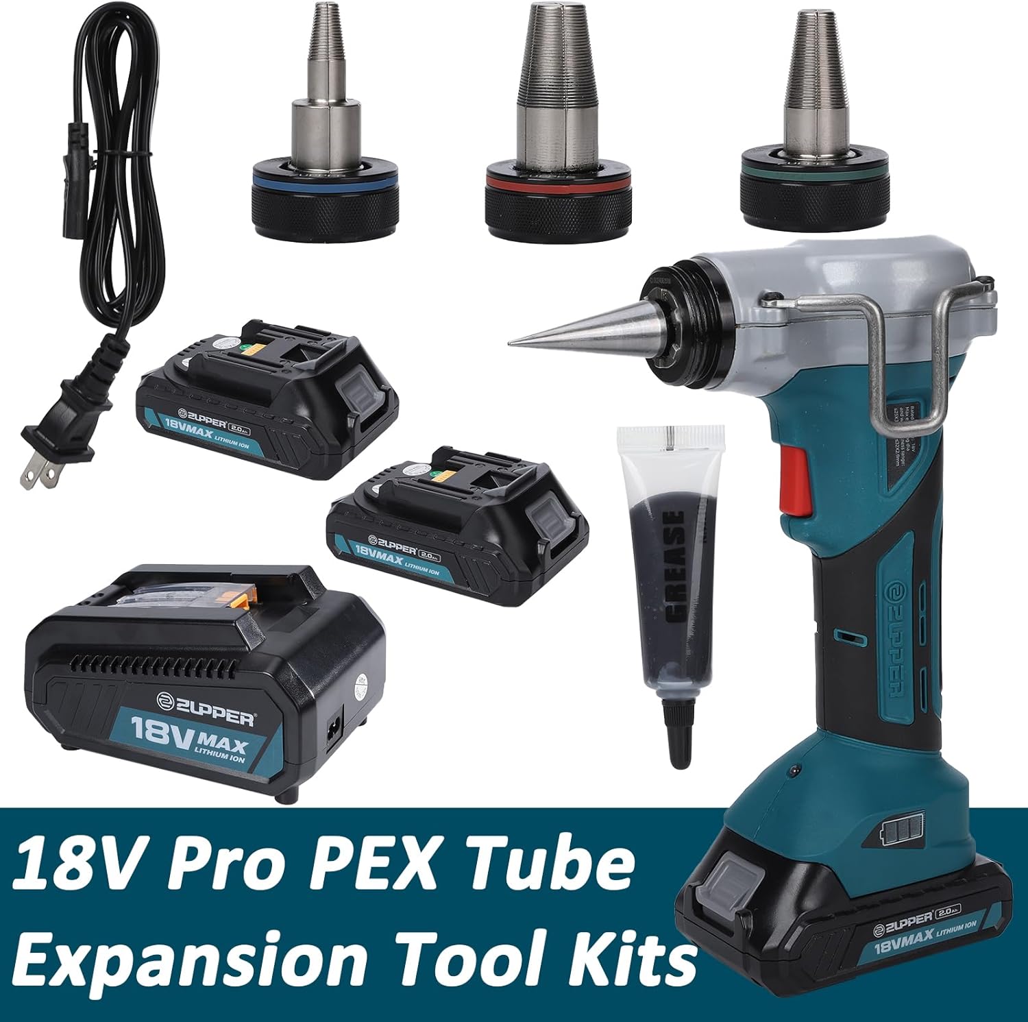 ZUPPER PEX Expansion Tool Kit,18V Cordless PEX-A Expander Tool with 1/2" 3/4" 1"PEX Expander Heads 2pcs Battery Fast Charger