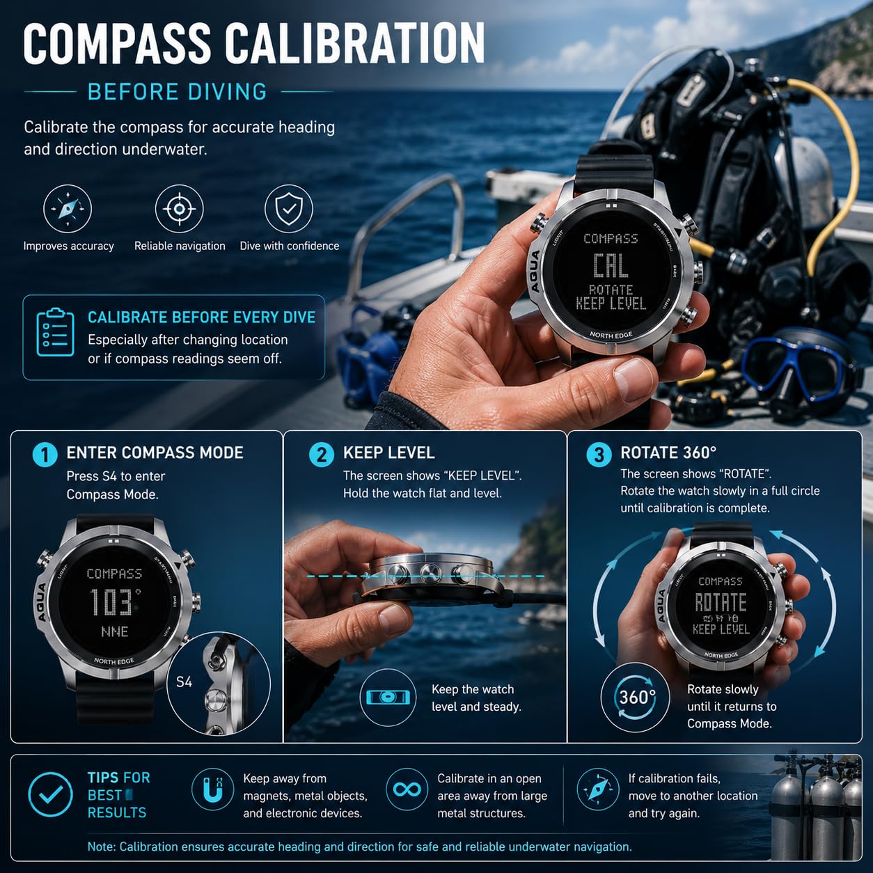 NORTH EDGE Aqua Montre d'ordinateur de plongée Professionnelle pour Homme Plongée sous-Marine 50M Montres de plongée avec Journal de plongée Altimètre Baromètre Boussole