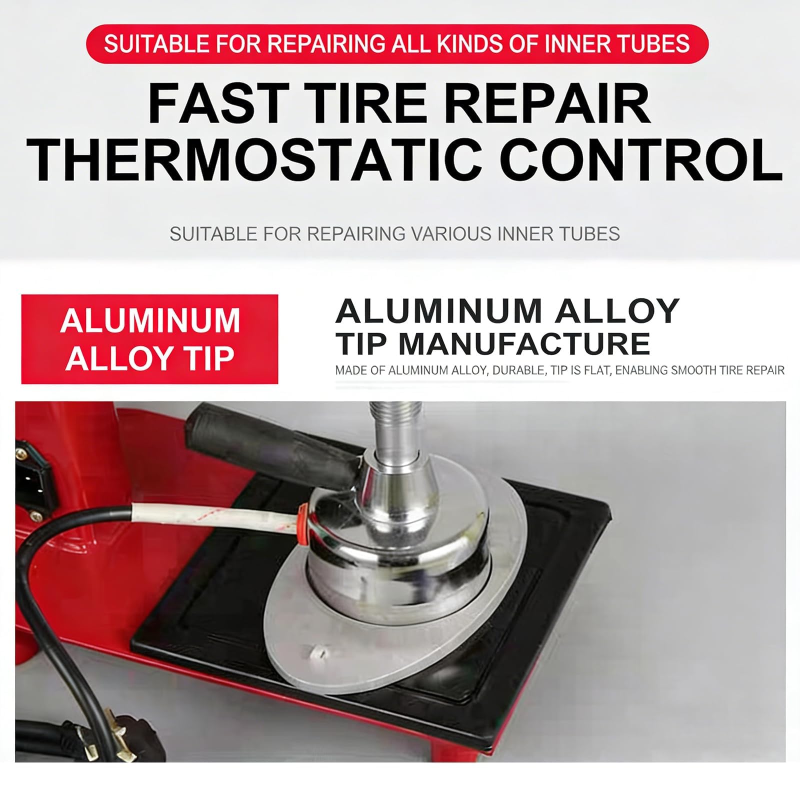 Máquina de reparación de neumáticos con control de temperatura, rango de 140-165 °C, temporizador de 7 minutos, prensa de tornillo manual para reparación de tubos interiores de motocicletas y
