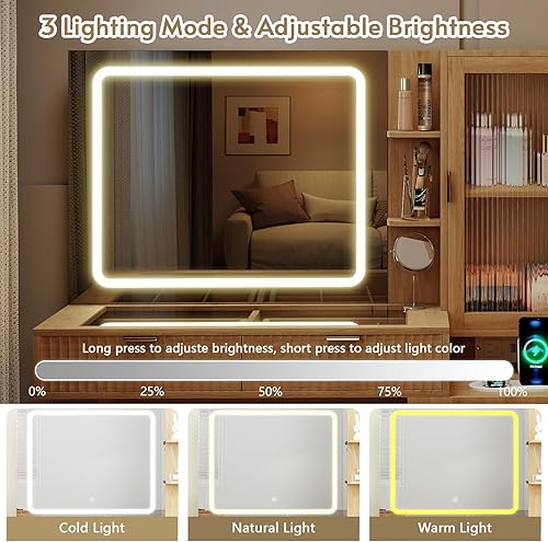 Miniatura 4 de Escritorio de tocador de madera de 49 pulgadas con espejo y luces, mesa de tocador de maquillaje acanalada bohemia con parte superior de vidrio