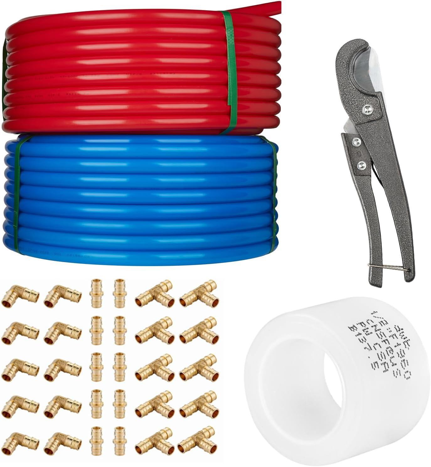3/4" PEX-A Pipe, 200ft Length, Blue & Red, with 30 PCS Fittings & 100 PCS Rings, Pipe Cutter
