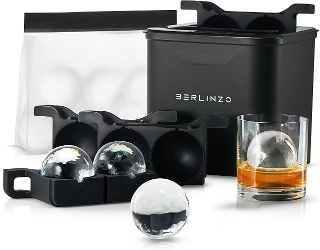 Berlinzo Moule de boules de glace de qualité supérieure - 4 Grande boule de glace transparente de 2,4 pouces en cristal pour le cocktail de whisky, facile à enlever Moule de glace de sphère- Sac de stockage de glace inclus, noir (non-électrique)