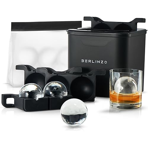 Berlinzo Premium Clear Ice Ball Maker Mold - 4 Large 2.4" Crystal Clear Ice Balls for Whiskey, Cocktails & Bourbon - Easy-to-Remove Mold for Ice Spheres - XL Storage Bag Included (Non-Electric)