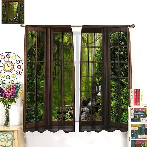 Miniatura 3 de Cortinas con vista de la naturaleza, ventana exterior, hermoso estampado de bosque y río, dormitorio sala de estar, cortinas opacas aisladas, juego
