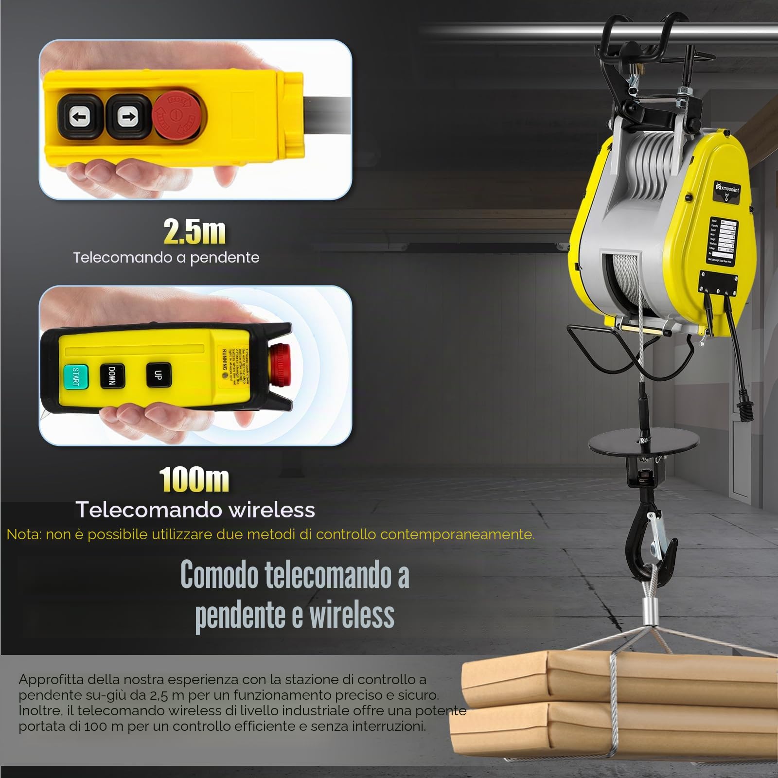 Mxmoonant Paranco elettrico 260 kg 30 m con motore brushless, 18 m/min, telecomando senza fili e telecomando via cavo, meccanismo di frenatura a doppia sicurezza leggero e stabile
