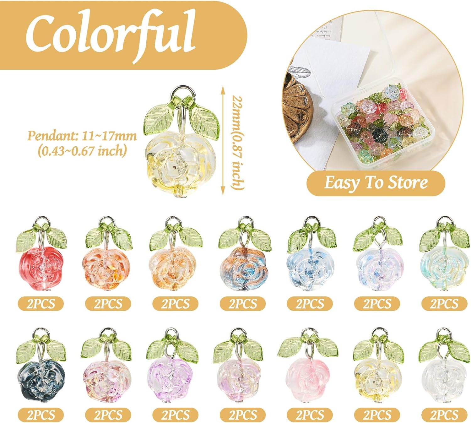 Beadthoven 28pcs Crystal Glass Rose Flower Charms 14 Colors Glass Flower Pendants Mini Rose Dangle Charms Jewelry Making Findings for DIY Earrings Bracelets Necklaces Women - Image 3
