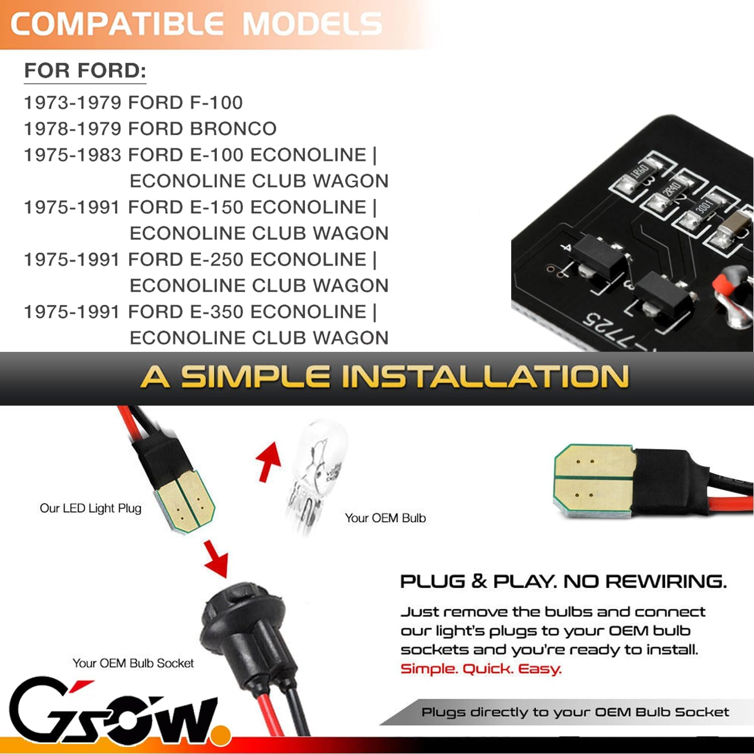 4 PCS Amber & Red LED Side Marker Lights for 1973-1979 F'ord F100 F150 F250 F350, 1975-1991 E100 E150 E250 E350, Smoked Lens Front Rear Side Fender Lamps