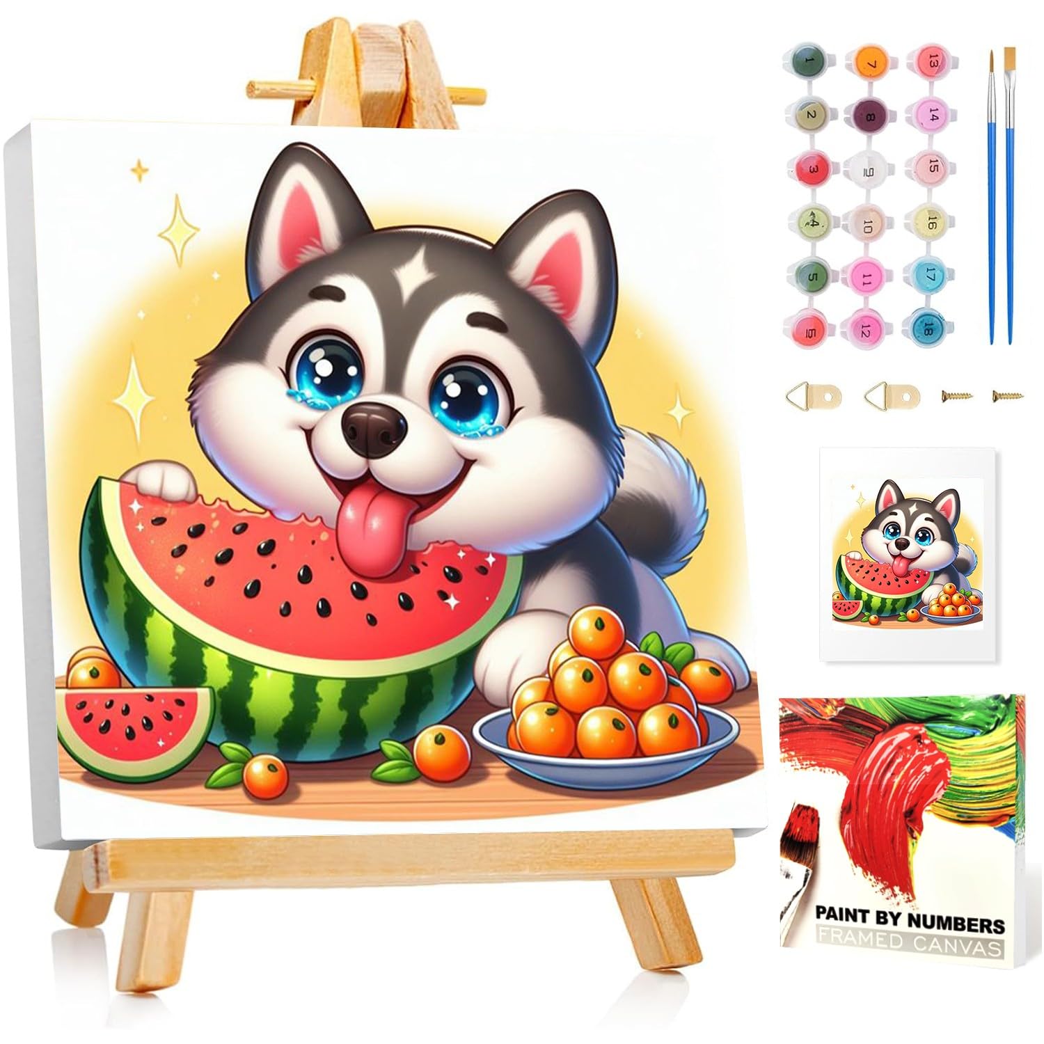 Hund Malen Nach Zahlen Kinder mit Rahmen, Hund Malen Nach Zahlen Kinder ab 5 6 7 8 9 10 Jahre, Malset Geschenk für Mädchen und Jungen - 20x20cm Mit Staffelei