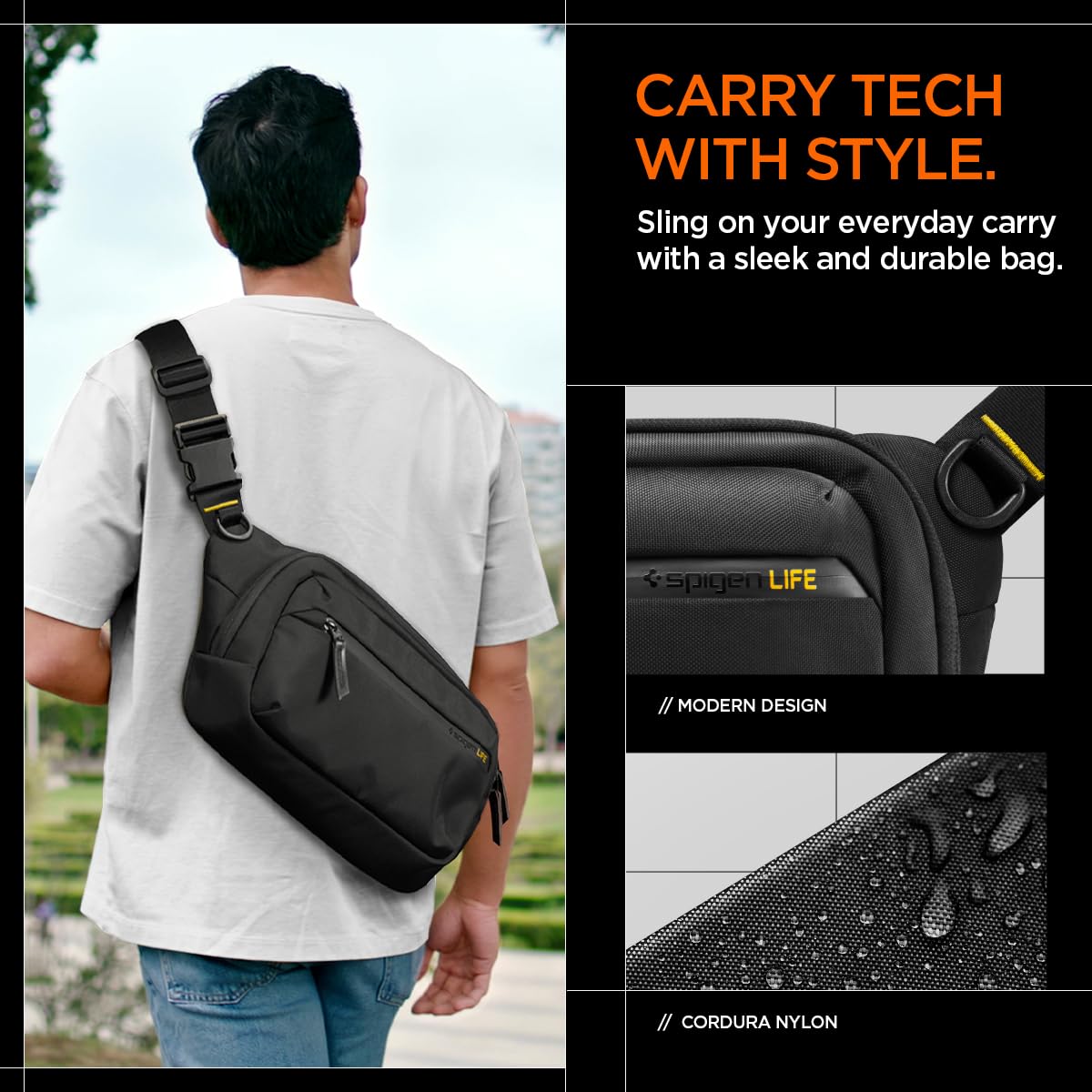 Spigen Life Klasden Sac de Poitrine Waist Bag Étanche pour Hommes et Femmes - Noir