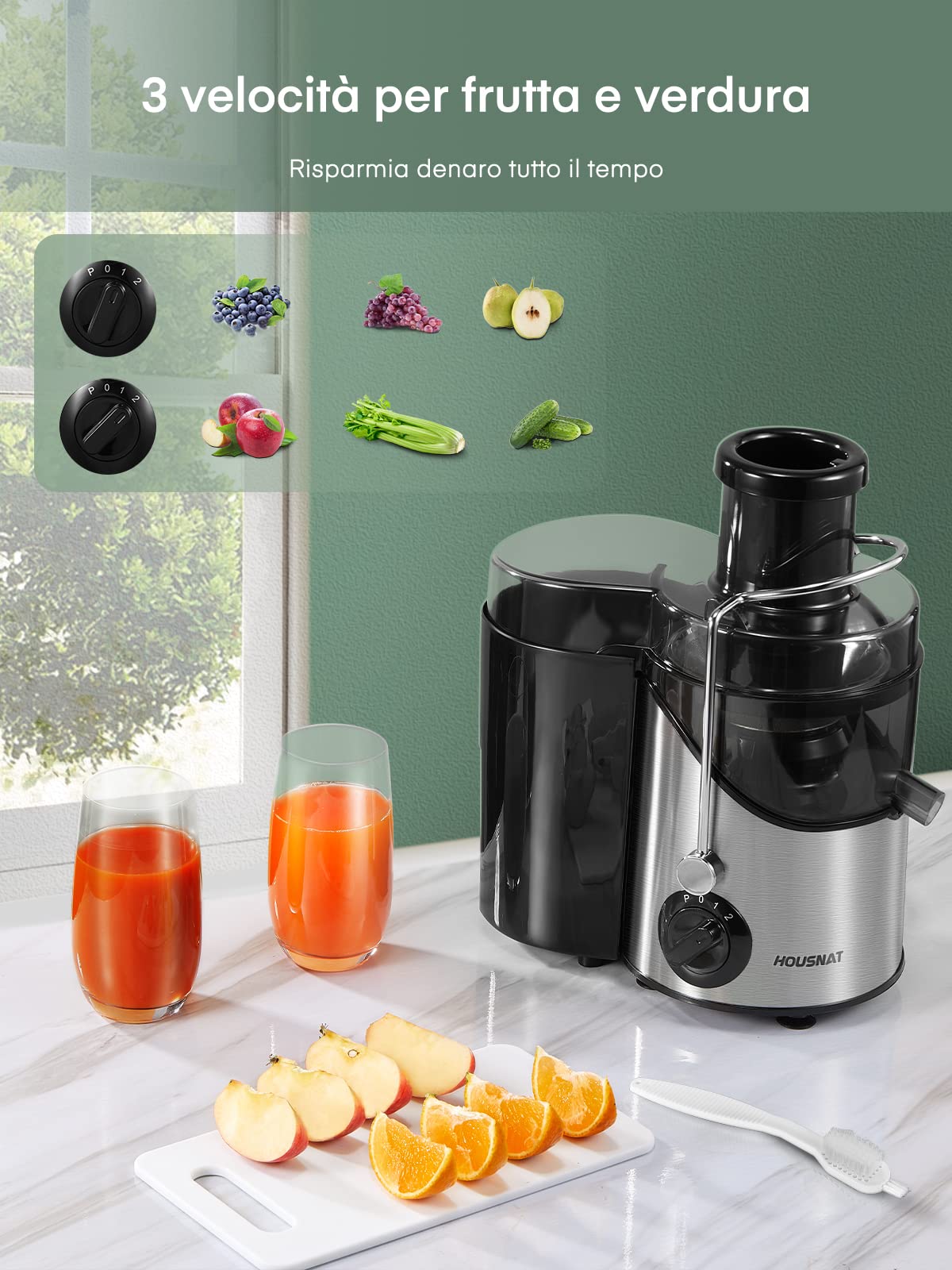 Centrifuga Frutta e Verdura HOUSNAT, 400W Estrattore Frutta e Verdura con 3 Velocità, 65 MM Bocca Grande Scivolo di Alimentazione da, Base Anti-Scivolo, Facile Pulizia, Includi Spazzola, Senza BPA