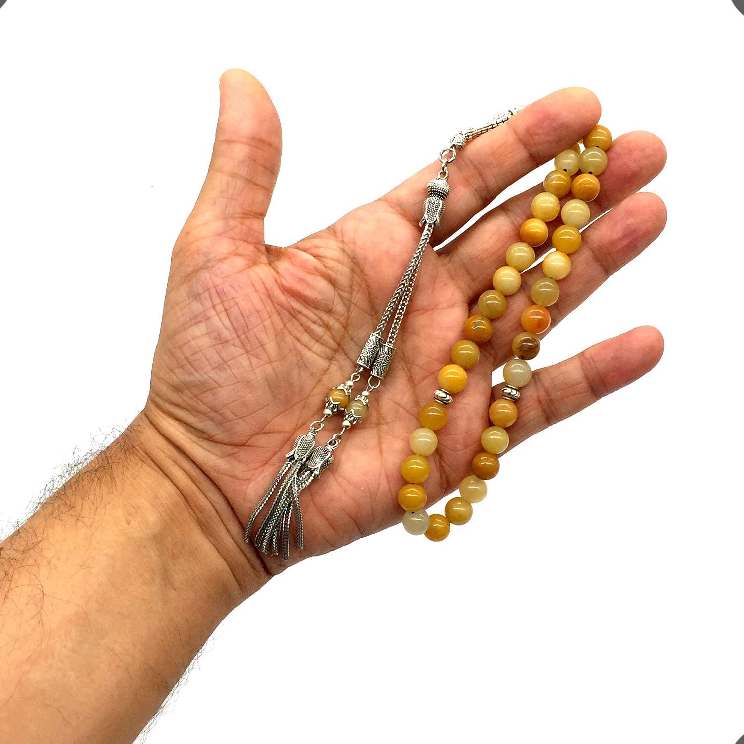 ALBATROSART -Yellow Jade Stone -8mm -33 Beads - Worry Beads with Matching Stretch Ring - Elastic Ring with Replaceable Snap Button -Tesbih-Tasbih-Misbaha-Subha-Sibha-Rosary