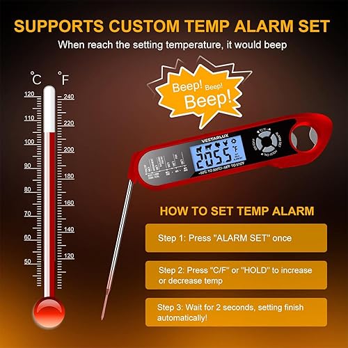 Miniatura 6 de Termómetro digital para carne, termómetro impermeable de lectura instantánea para cocinar con sondas duales, luz de fondo, alarma, FC para carne,