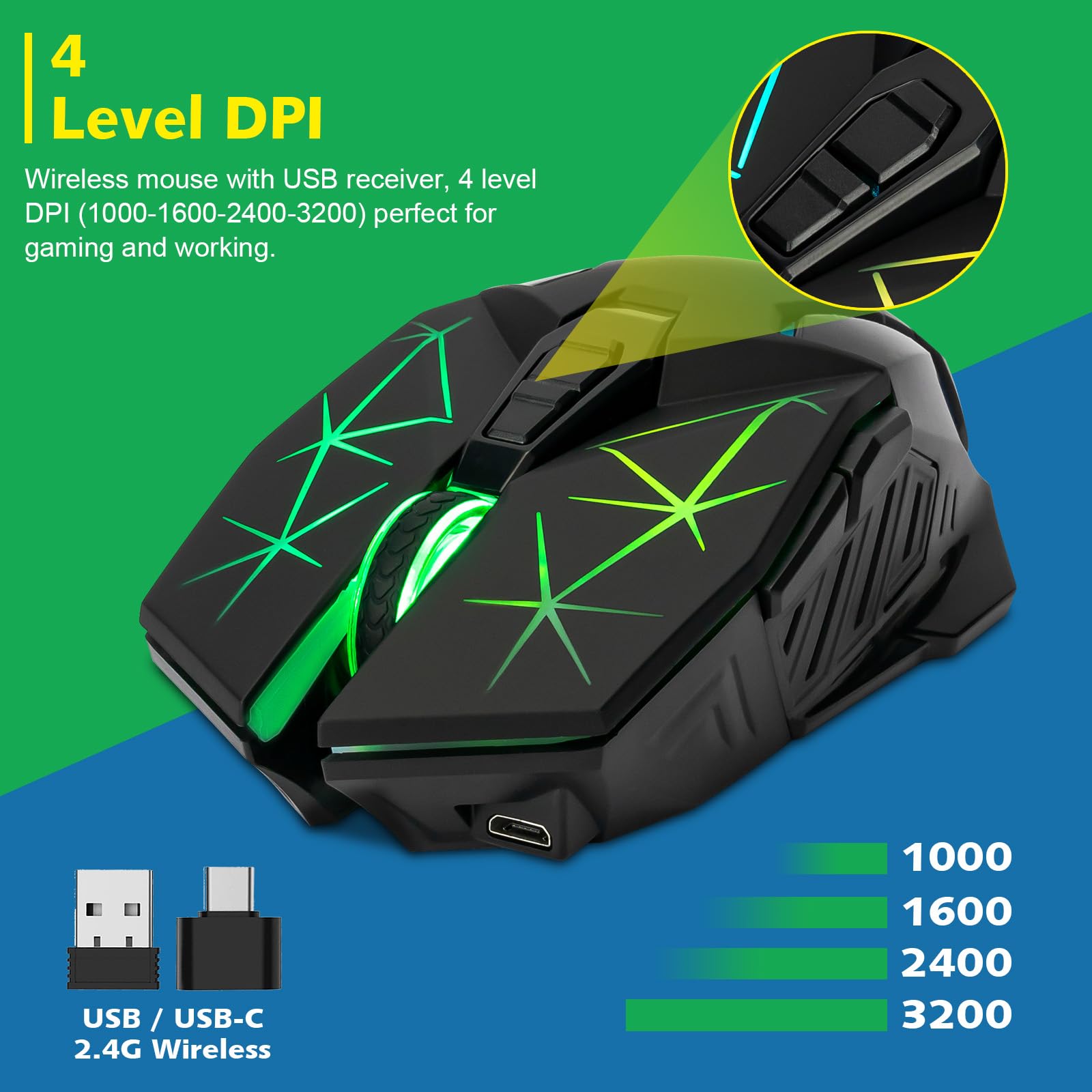 CHONCHOW Ratón inalámbrico para juegos para laptop con botones laterales para PS4/PS5/Xbox One, mouse de PC recargable con receptor USB 2.4G, 3.200 DPI/7 botones/retroiluminación RGB, mouse ergonómico
