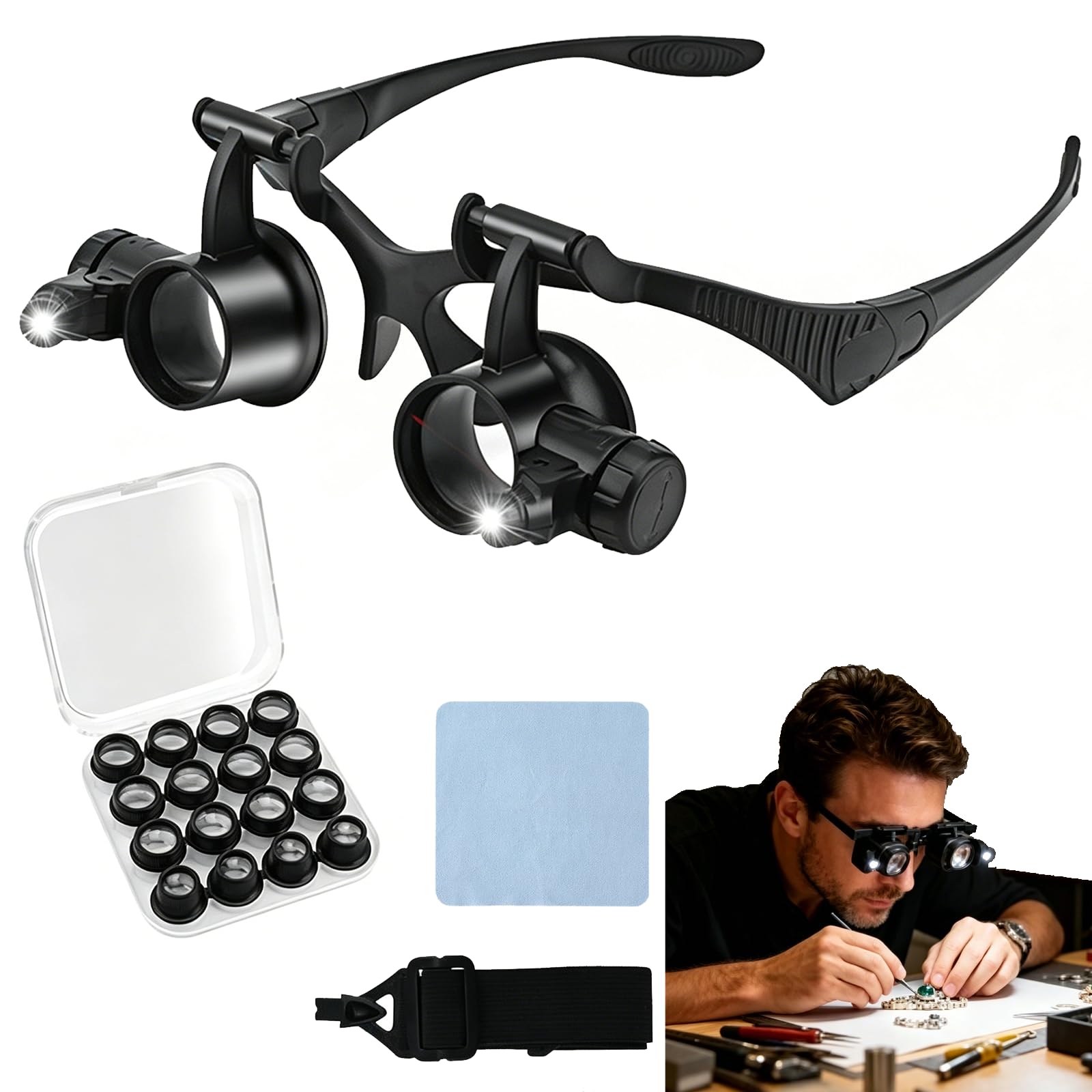 Precision LED Magnifier Glasses, Magnifying Glasses for Electronics & Crafts, 2X to 24X Interchangeable Lenses, Precision Magnifier with LED Light for Close Work (8 lenses)