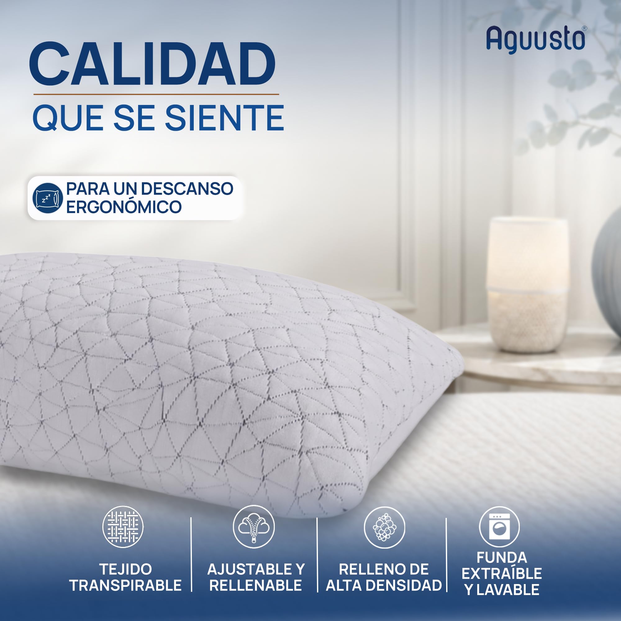 Oficial Almohada de Gel Viscoelástica Premium - Relleno Ajustable - Doble Funda Lavable y Transpirable, para Dormir de Lado, Boca Arriba o Boca Abajo, Memory Foam, Augusto Matrimonial 70cm