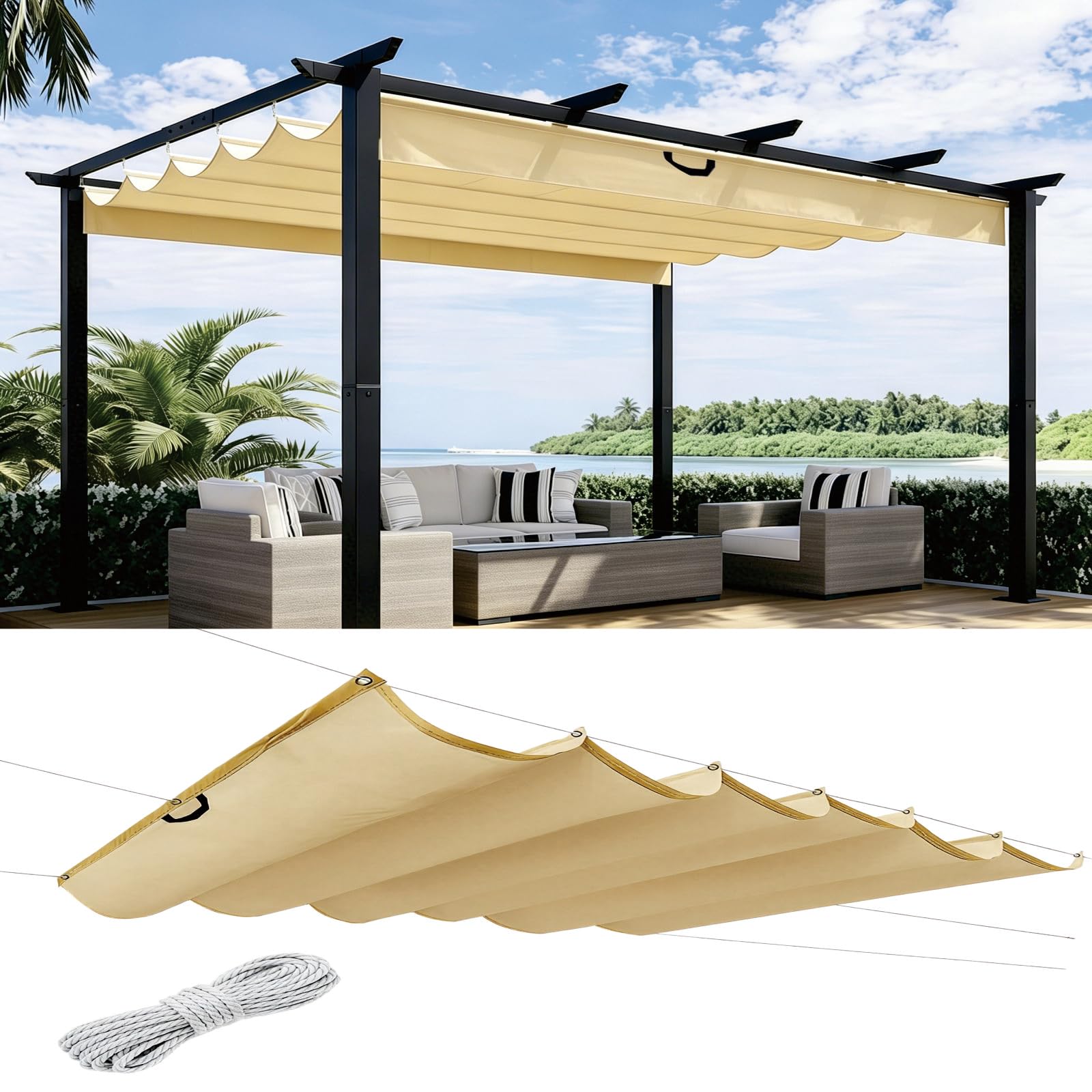 Toile ombrage imperméable jaune sable 270x280 rideau extérieur anti-UV patio