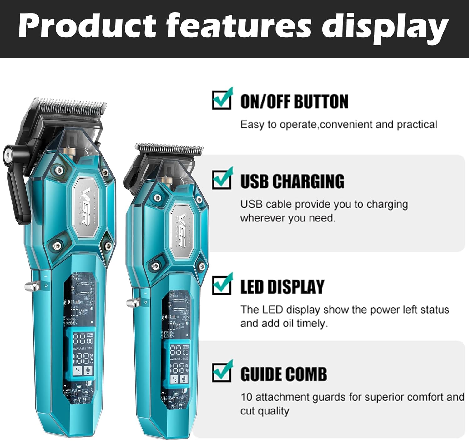 Product features display showing ON/OFF button, USB charging, LED display, and guide combs
