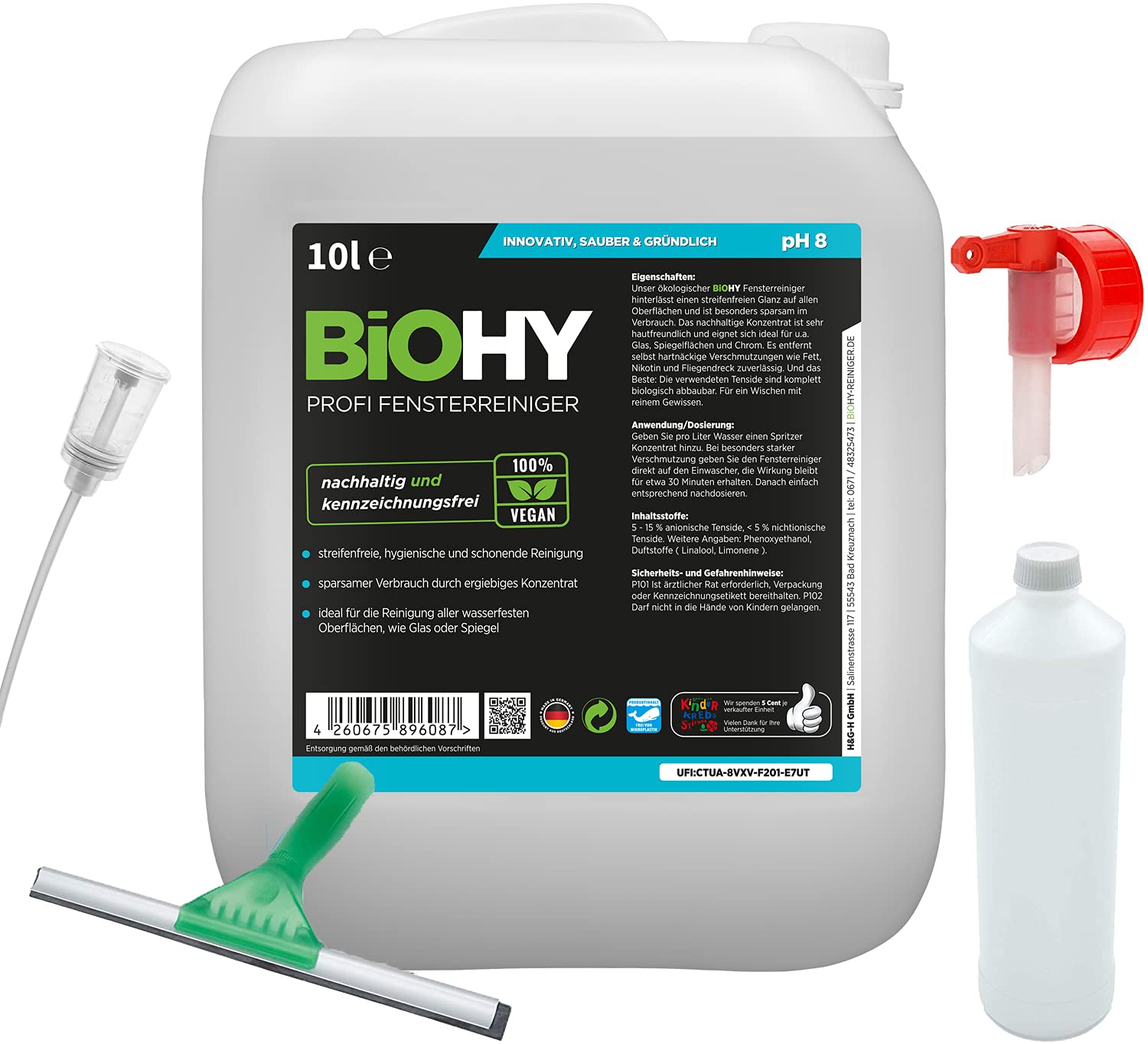 BiOHY BiOHY Profi Fensterreiniger-Set 10 Liter Kanister + Zubehör () | | Profi Fensterreiniger | Auslaufhahn | Dosierer | Mischbehälter | Abzieher | Ökologisches Reinigungsmittel für nachhaltiges