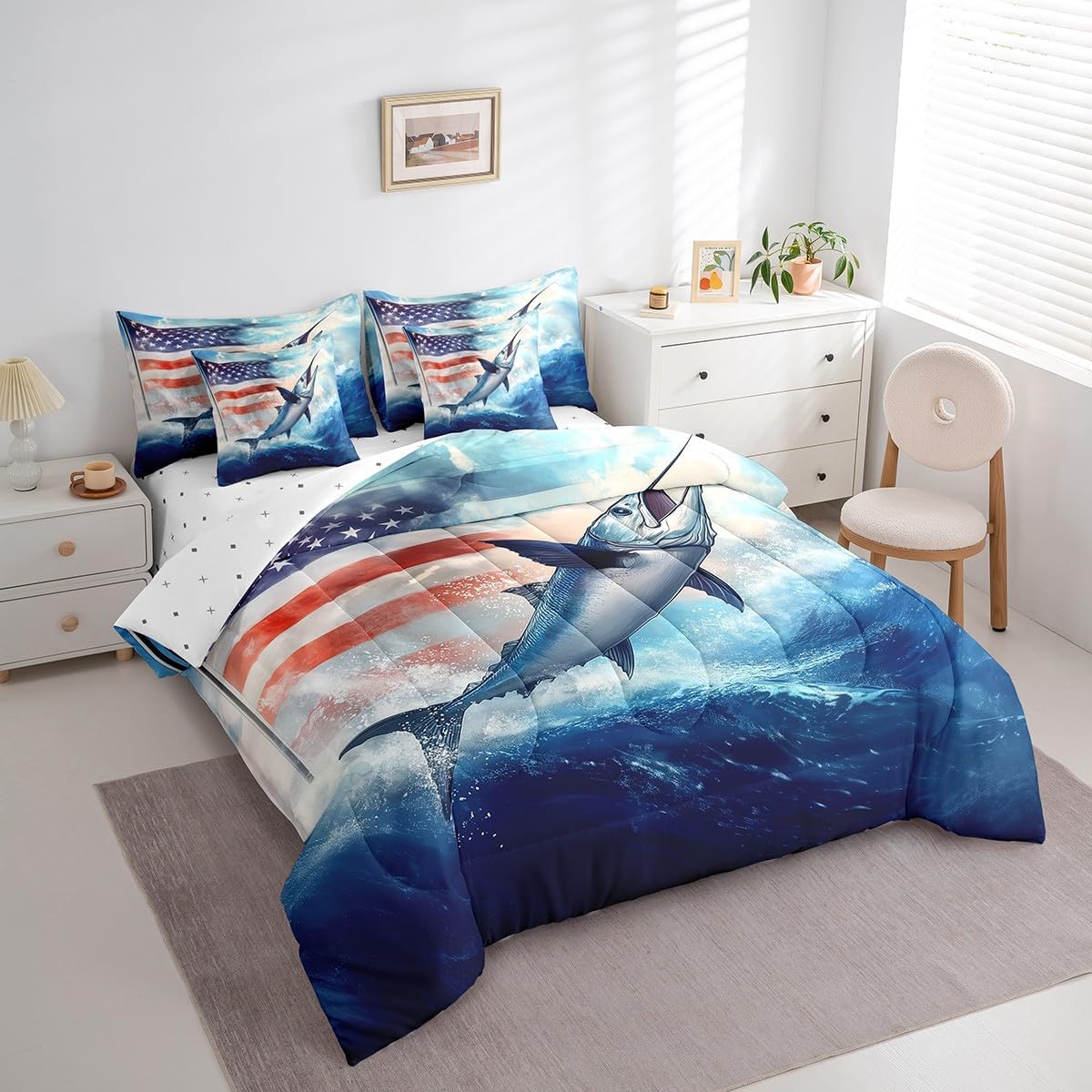 American Flag Bass Fishing Bedding Set Hunting And Fishing Comforter Set Twin, Blue Ocean Underwater Animal Bedding(1 Comforter,1 Flat Sheet 1 Fitted Sheet 2 Pillowcases 2 Throw Pillow Covers)