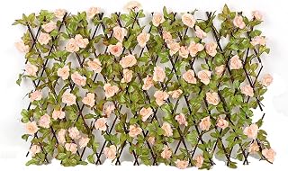 Artificial Flower Hedge, Expandable Decorative Privacy Fence with Trellis, Stretchable Privacy Screen for Balcony Garden Decor, Champagne, Clôture moyenne