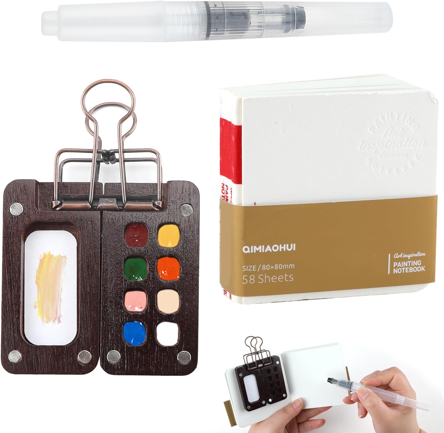 Pocket Artist Watercolour Travel Set Mini Waterverfverfpaletset met 8 rasters Houten draagbare bindclip Verf- en waterpen Schetsboekset Cadeau voor studenten Schilders en kunstenaars Buiten Pocket Artist Watercolour Travel Set Mini Waterverfverfpaletset met 8 rasters Houten draagbare bindclip Verf- en waterpen Schetsboekset Cadeau voor studenten Schilders en kunstenaars Buiten