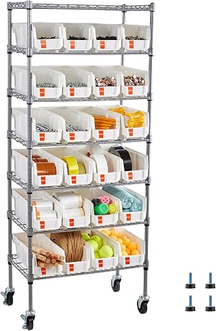 VEVOR Scaffale Portaoggetti Mobile a 7 Ripiani, 24 Contenitori Portaoggetti, Sistema di Scaffalature in Filo...