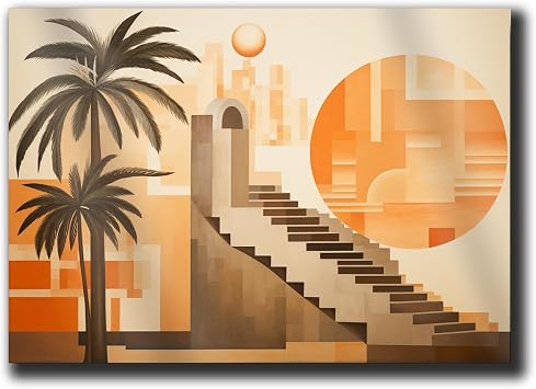 A Palm Swaying On Some Stairs With Orange Sun And Sun, In The Style Of Deco-Inspired Geometric Forms, Muted Earth Tones, Dreamy Collages, Wall Art