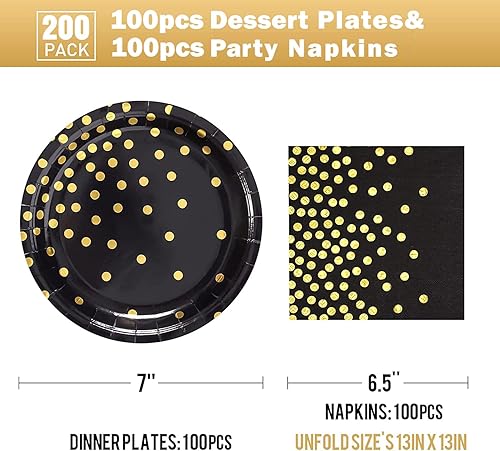 Miniatura 2 de Paquete de 200 platos y servilletas de papel de oro negro, 100 platos de postre de 7 pulgadas y 100 servilletas de 6.5 pulgadas, platos de papel