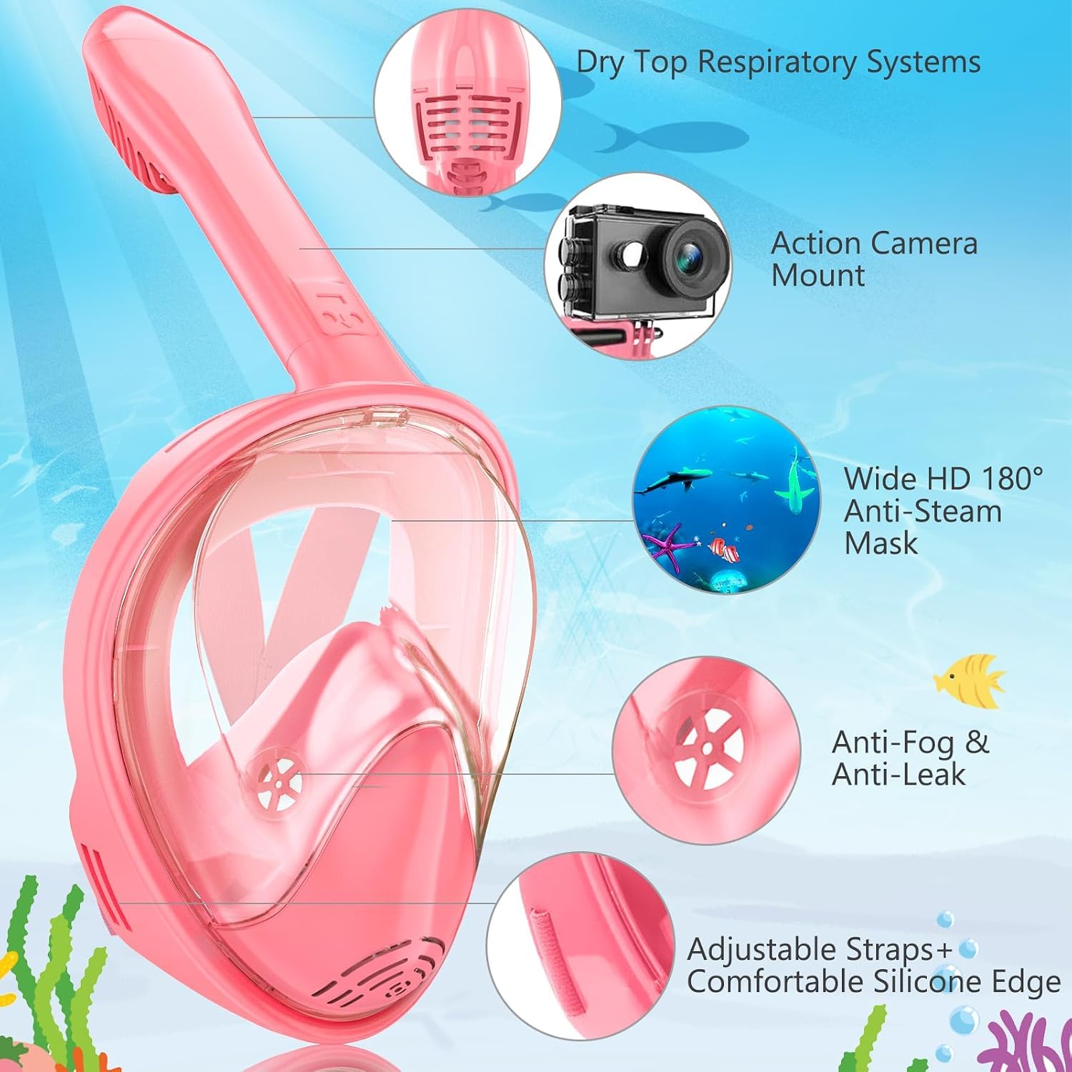 Maschera da snorkeling per bambini, con supporto per fotocamera, vista panoramica a 180°, anti-appannamento, anti-perdite