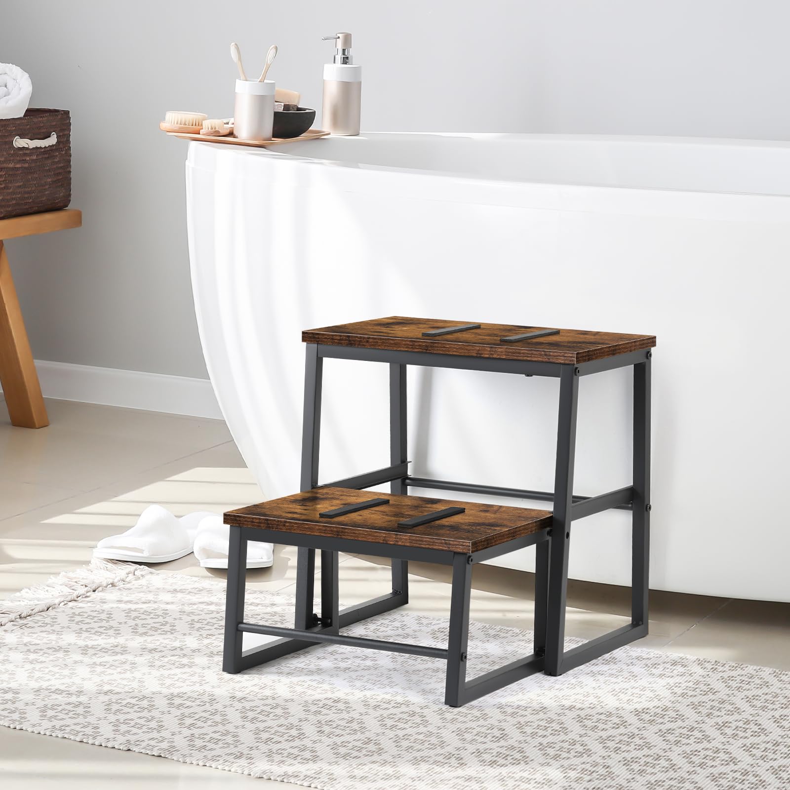 LIANTRAL Sgabello 2 in 1 per adulti e bambini, robusta struttura in metallo, supporto fino a 158,8 kg, sgabello alto, per casa, ufficio, camper, marrone rustico