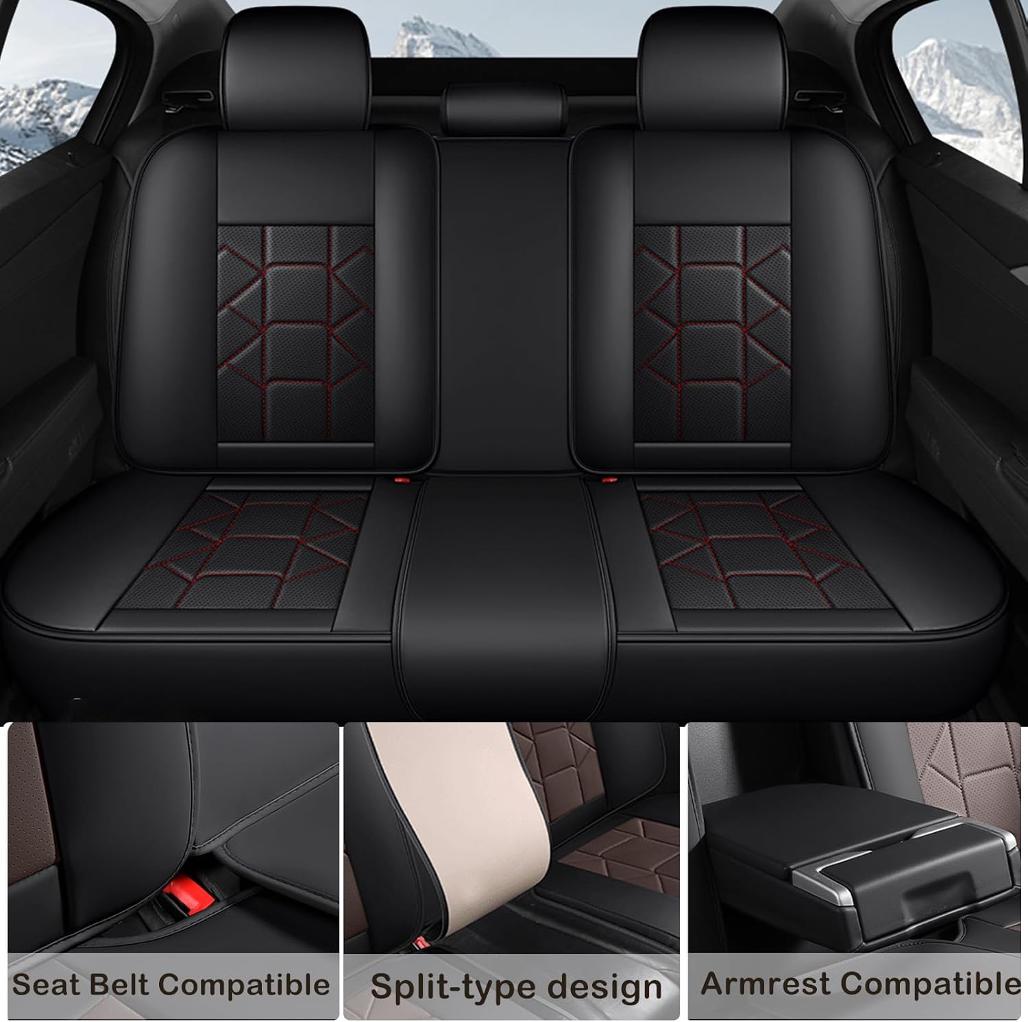 Car Seat Covers for Kia Seltos 2024-2026 Standard Waterproof Nappa Leather Full Set Seat Covers, Sporty Anti-Slip Custom Seat Protectors with Side Airbag Compatible(Black&Red)