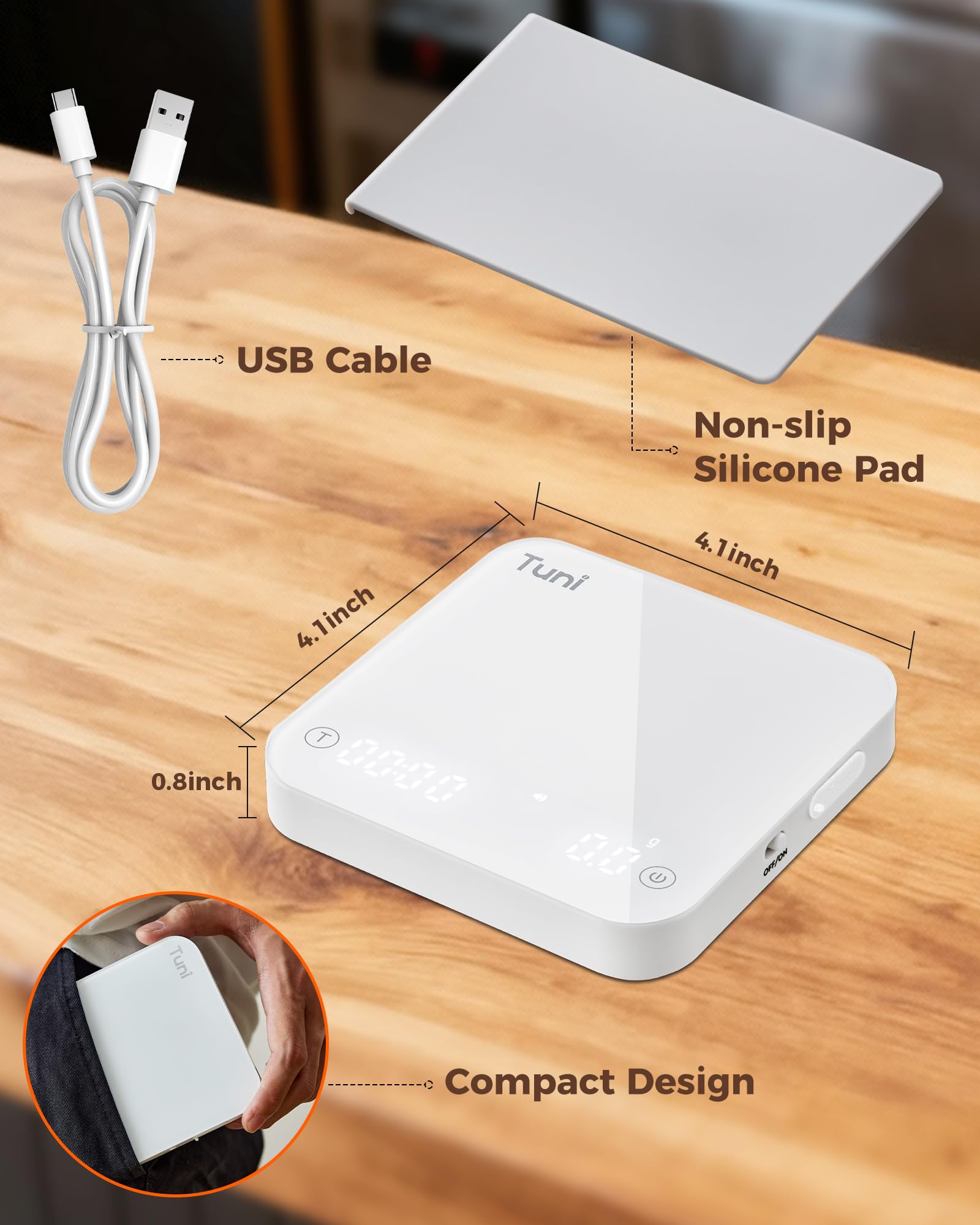 Tuni Báscula de café con sincronización automática, báscula digital recargable para expreso, escala precisa de 2 kg/0,1 g para café expreso y café vertido, medidas en g/oz/ml, relación polvo/agua,