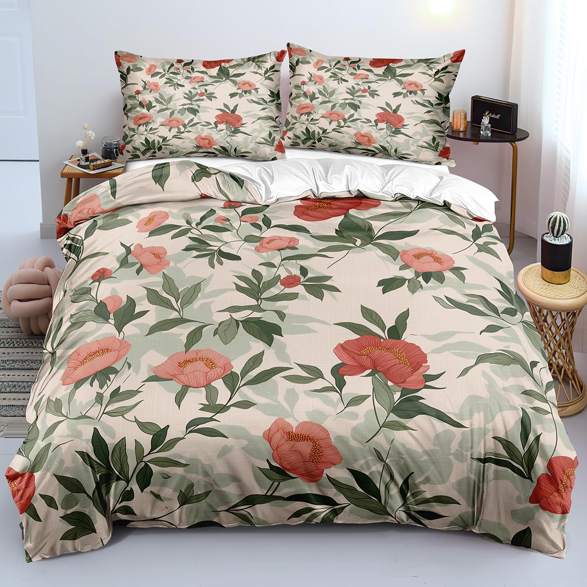 Parure de lit à imprimé floral printanier housse de couette 260x240 motif feuilles vintage