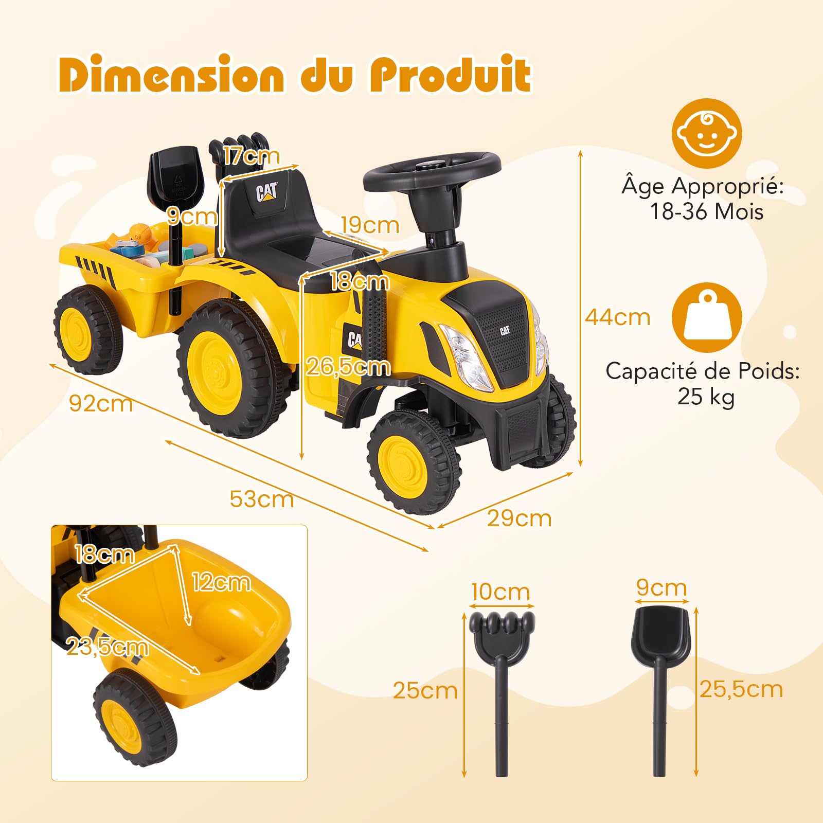 GOPLUS Tracteur Porteur Bebe Caterpillar, avec Remorque Amovible, Klaxon et Sons de Moteur, Lumières LED, Râteau et Pelle, Cadeau Camion Enfant pour Tout-Petits 1,5-3 Ans,Charge 25KG