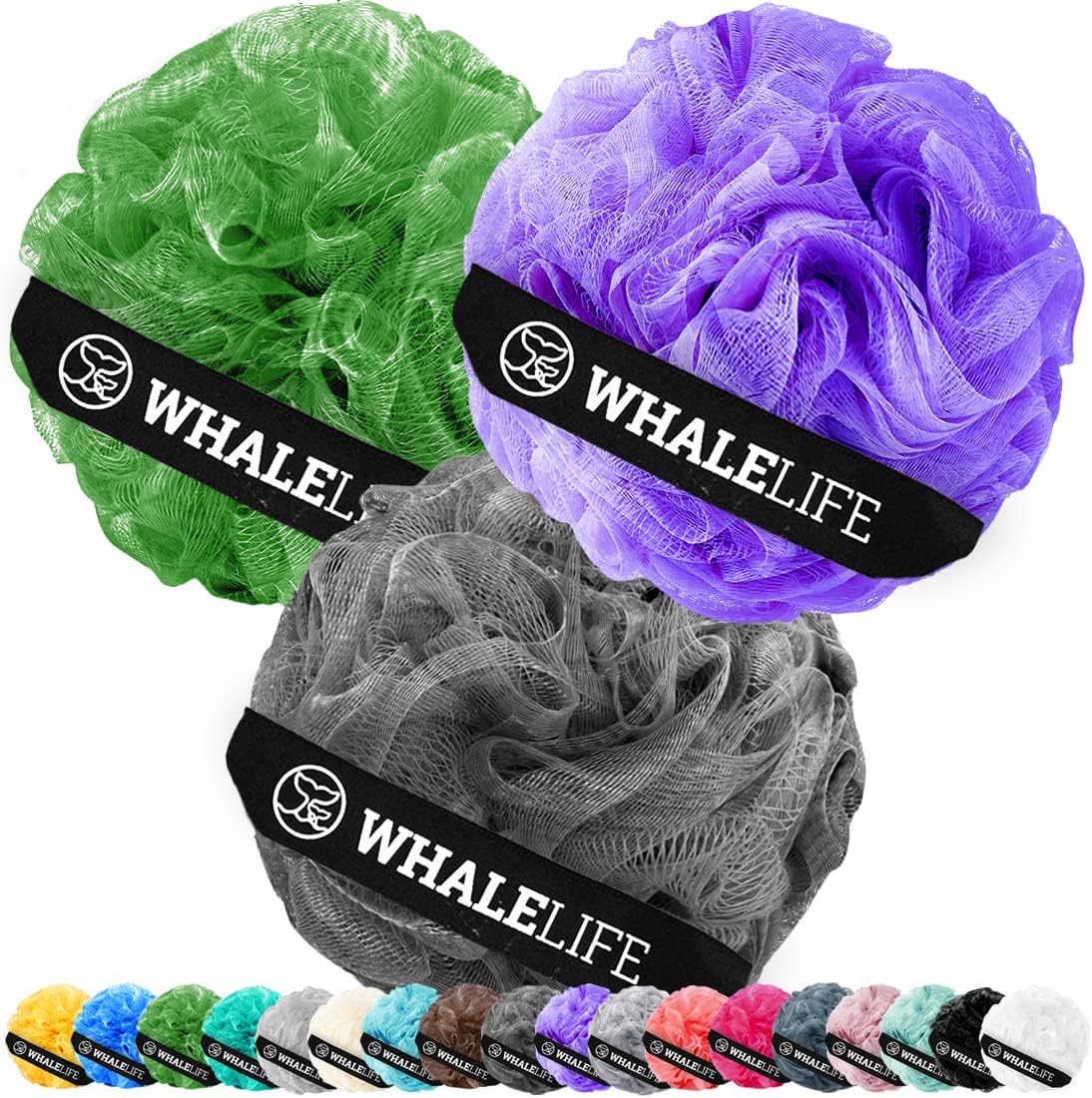 WhaleLife Bath Loofah Sponge Shower Pouf Puff for Men Women 3 Pack (Purple Green Gray)